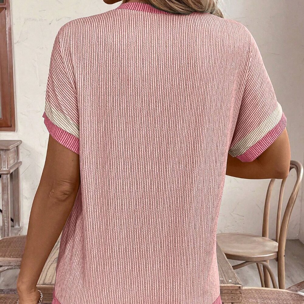 Pink Casual Women's Crew Neck Short Sleeve Striped Loose T-Shirt - Picture 2 of 7